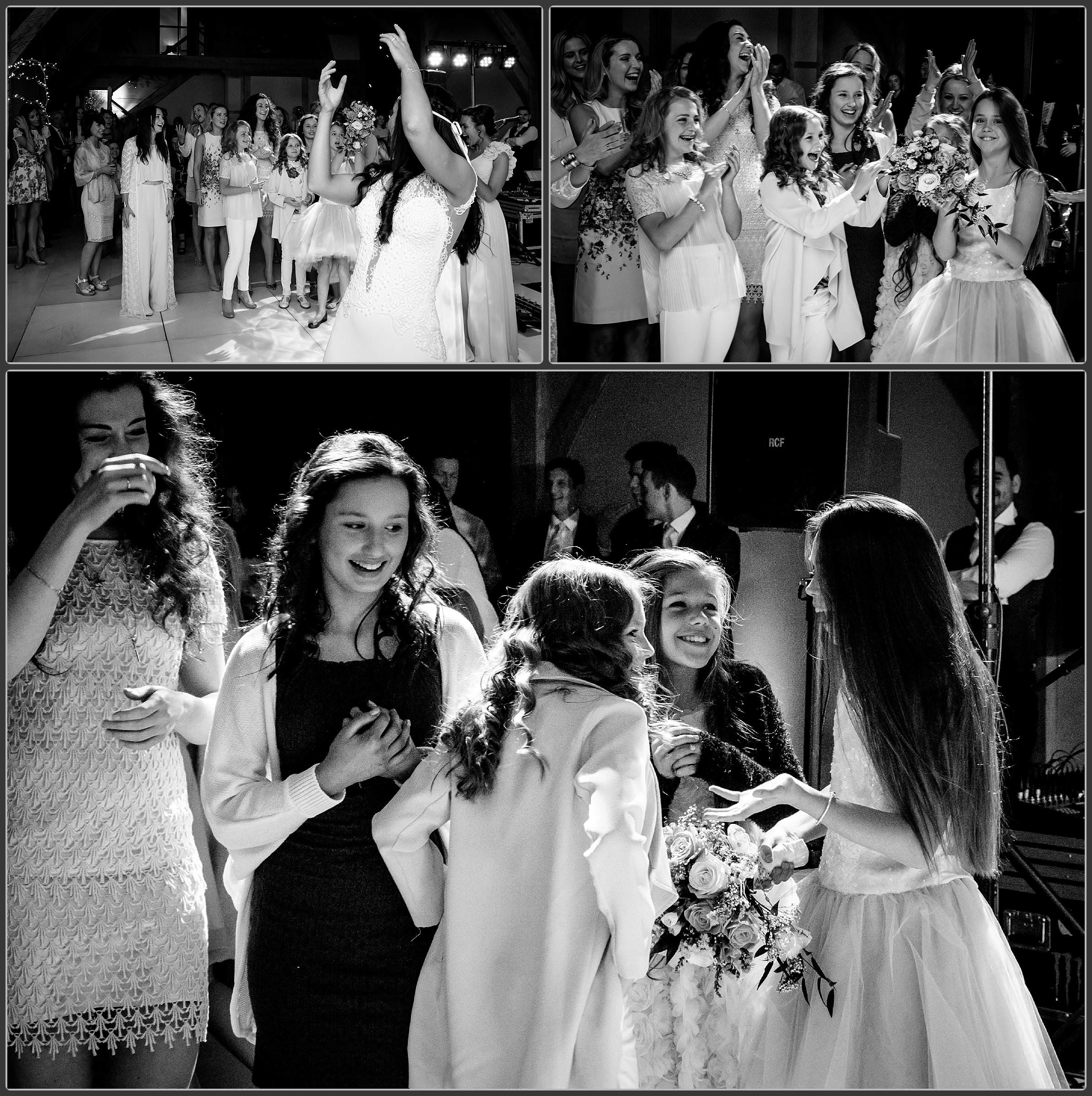 Throwing the bouquet at the red house barn