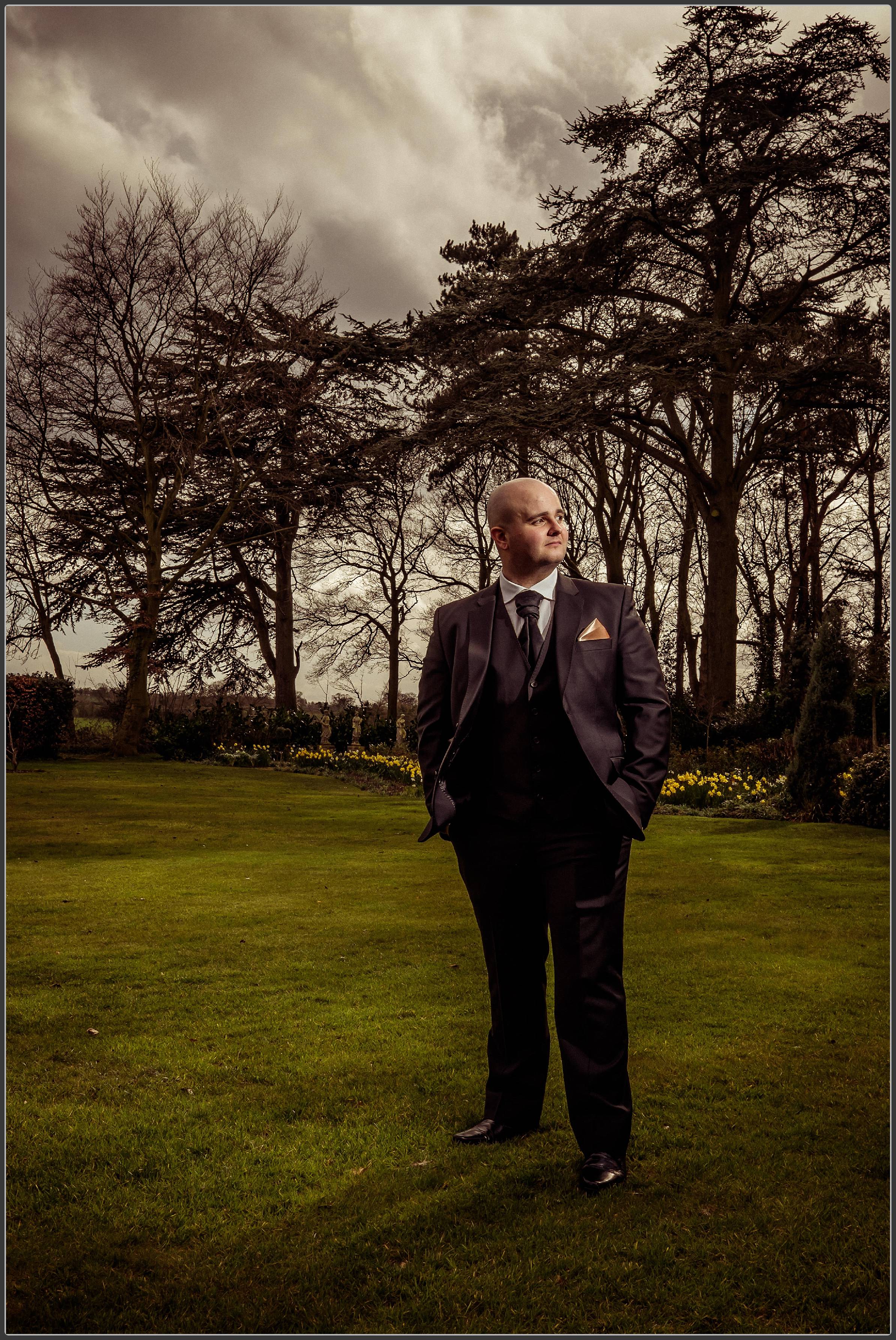 Fine art portrait of the groom at Moxhull Hall Hotel