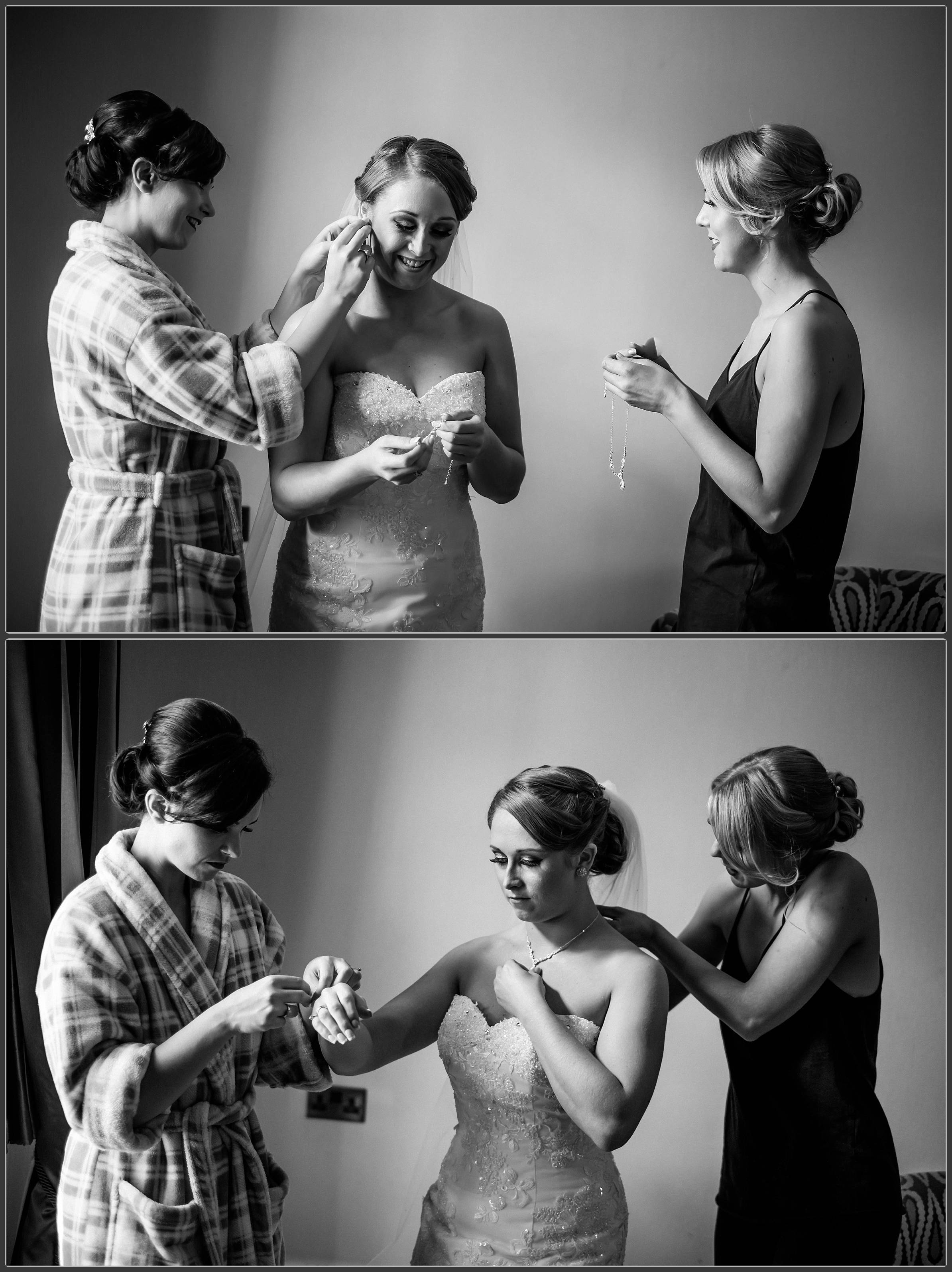The bridesmaids helping the bride to get ready