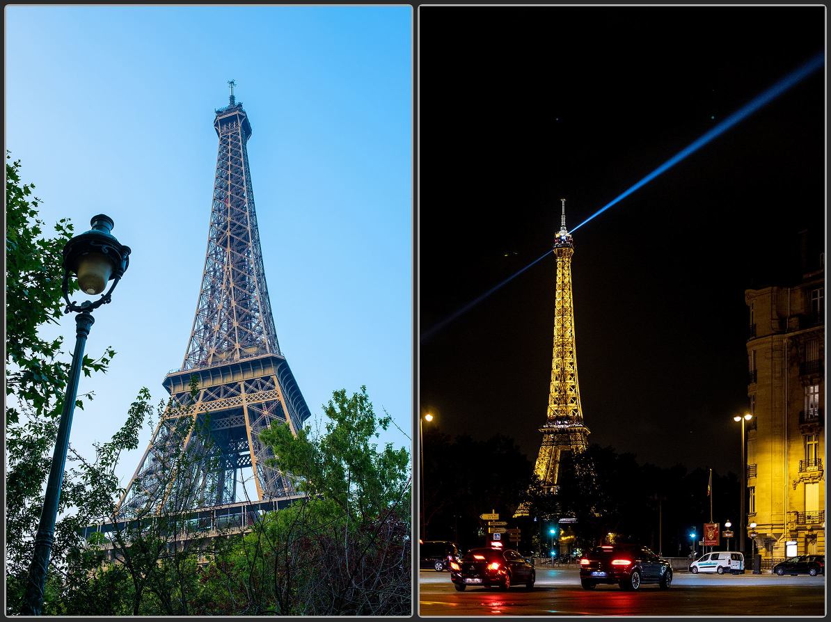 Paris Eiffel tower by day and night