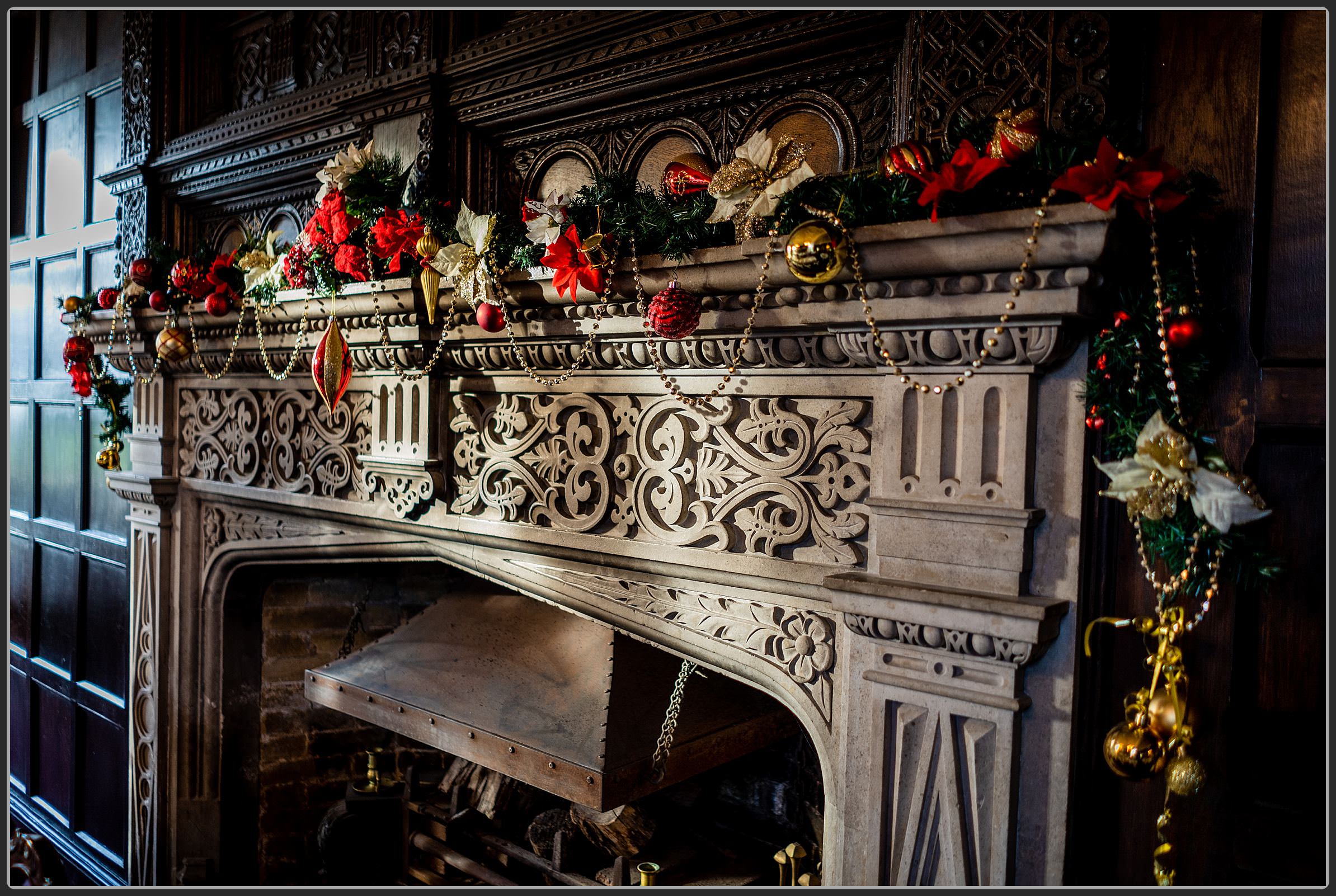 Fireplace decorated at Christmas
