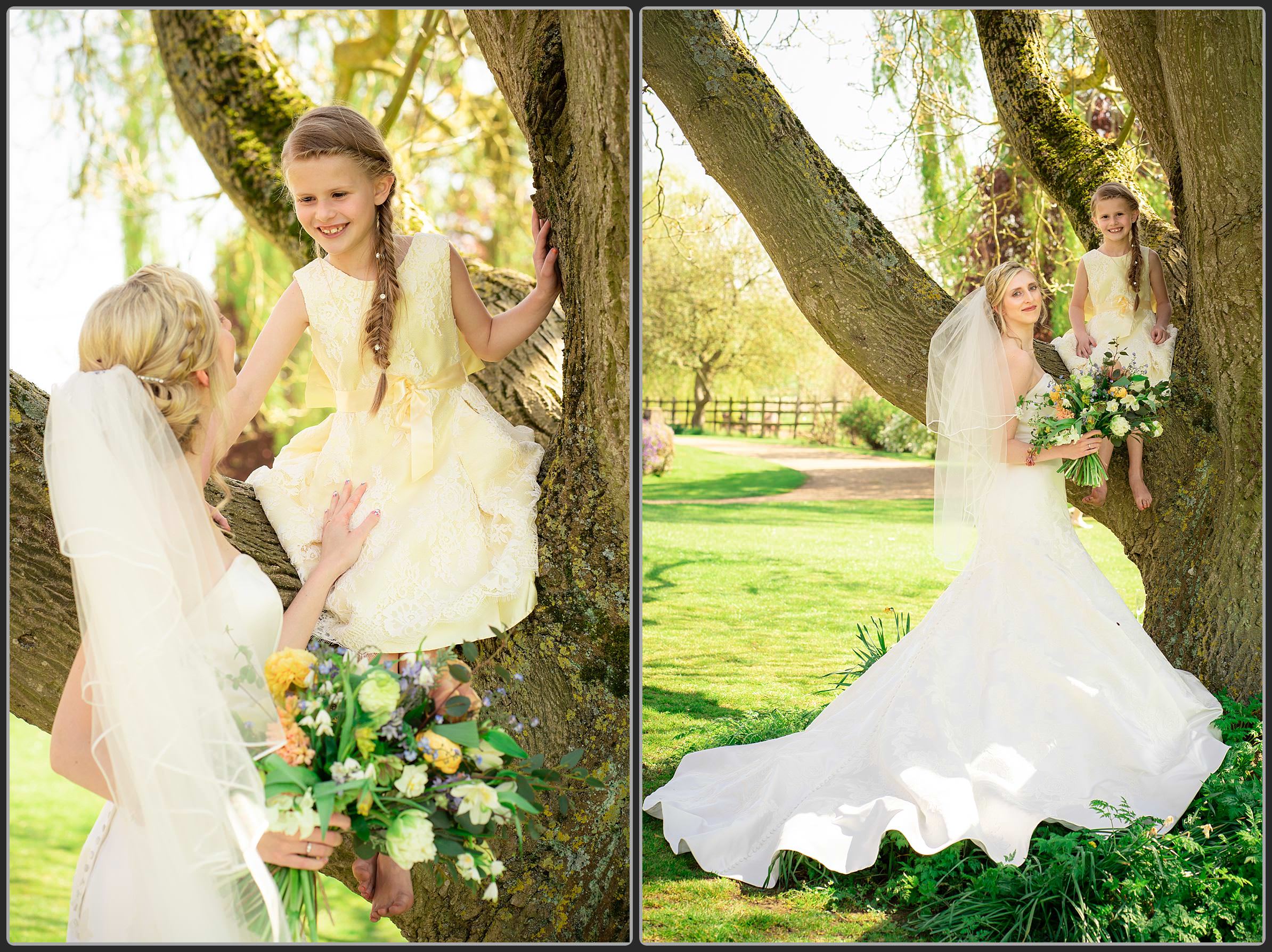The bride and her flower girl in the tree