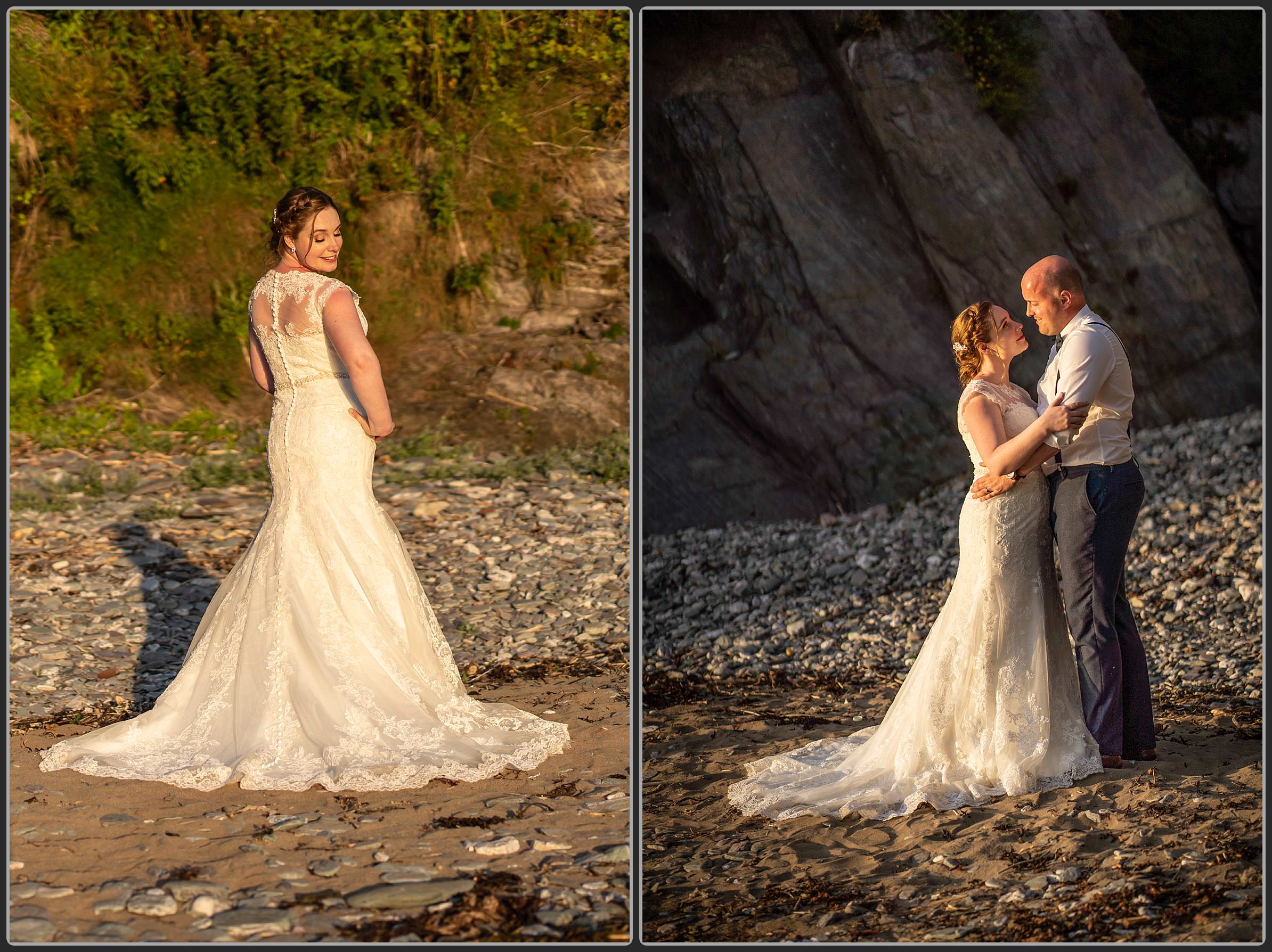 The bride and groom on the beach at Polhawn Fort wedding venue