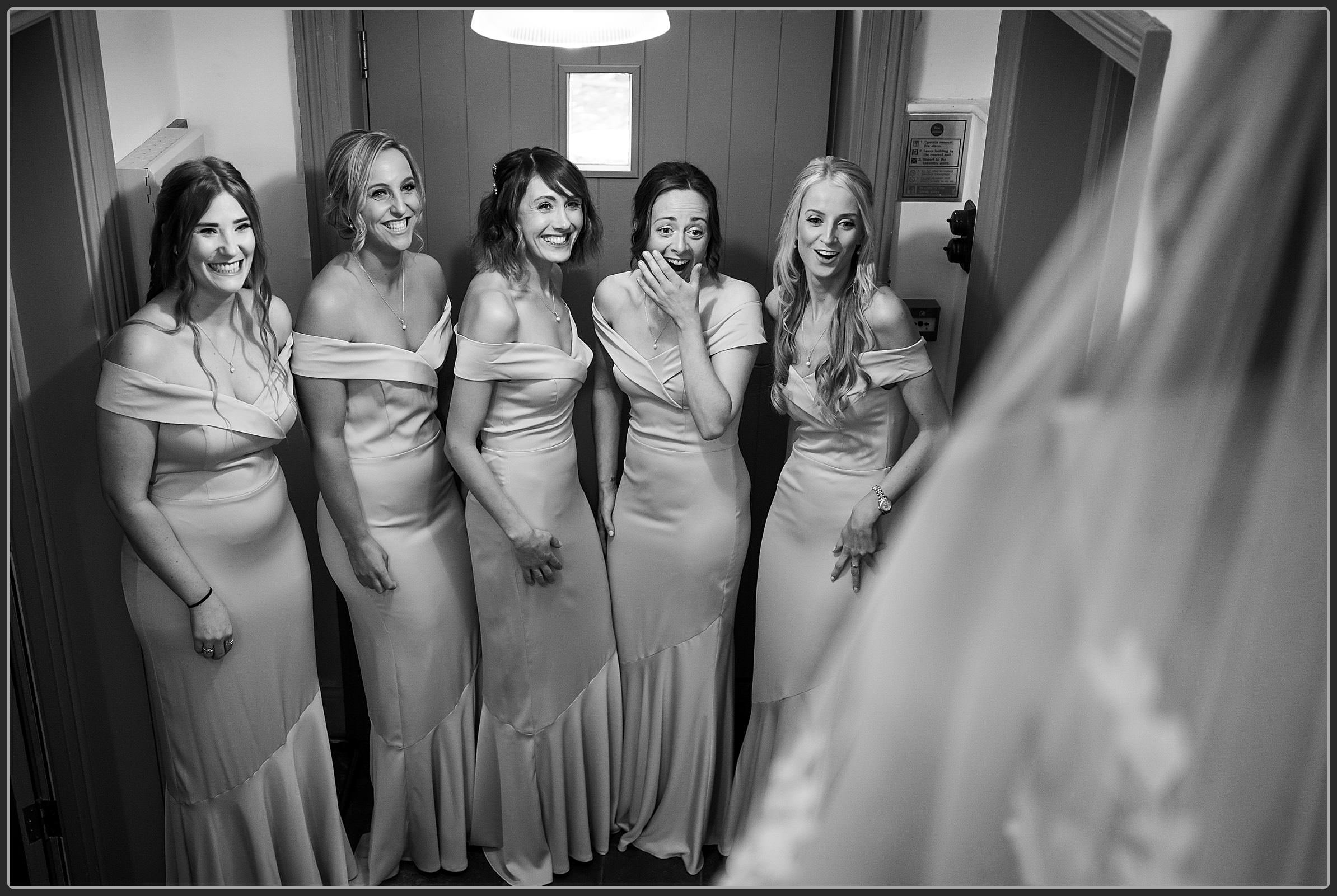 The bridesmaids seeing Ellie for the first time