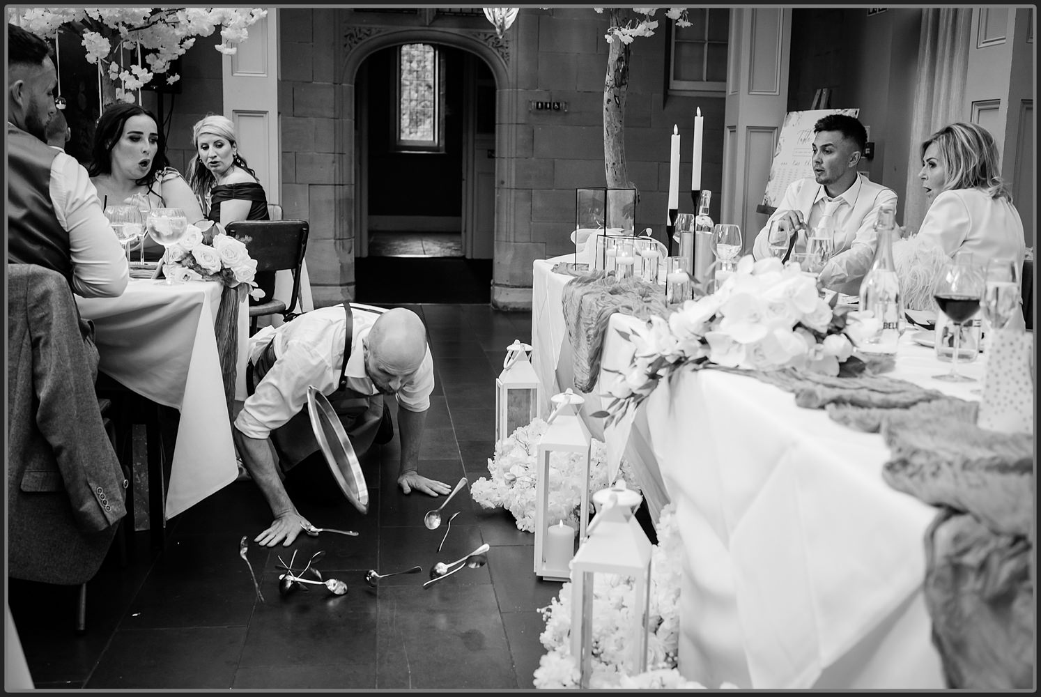 Singing waiter during the speeches falling over