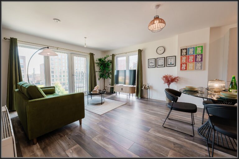 Stylish serviced apartment lounge in Solihull with open-plan layout