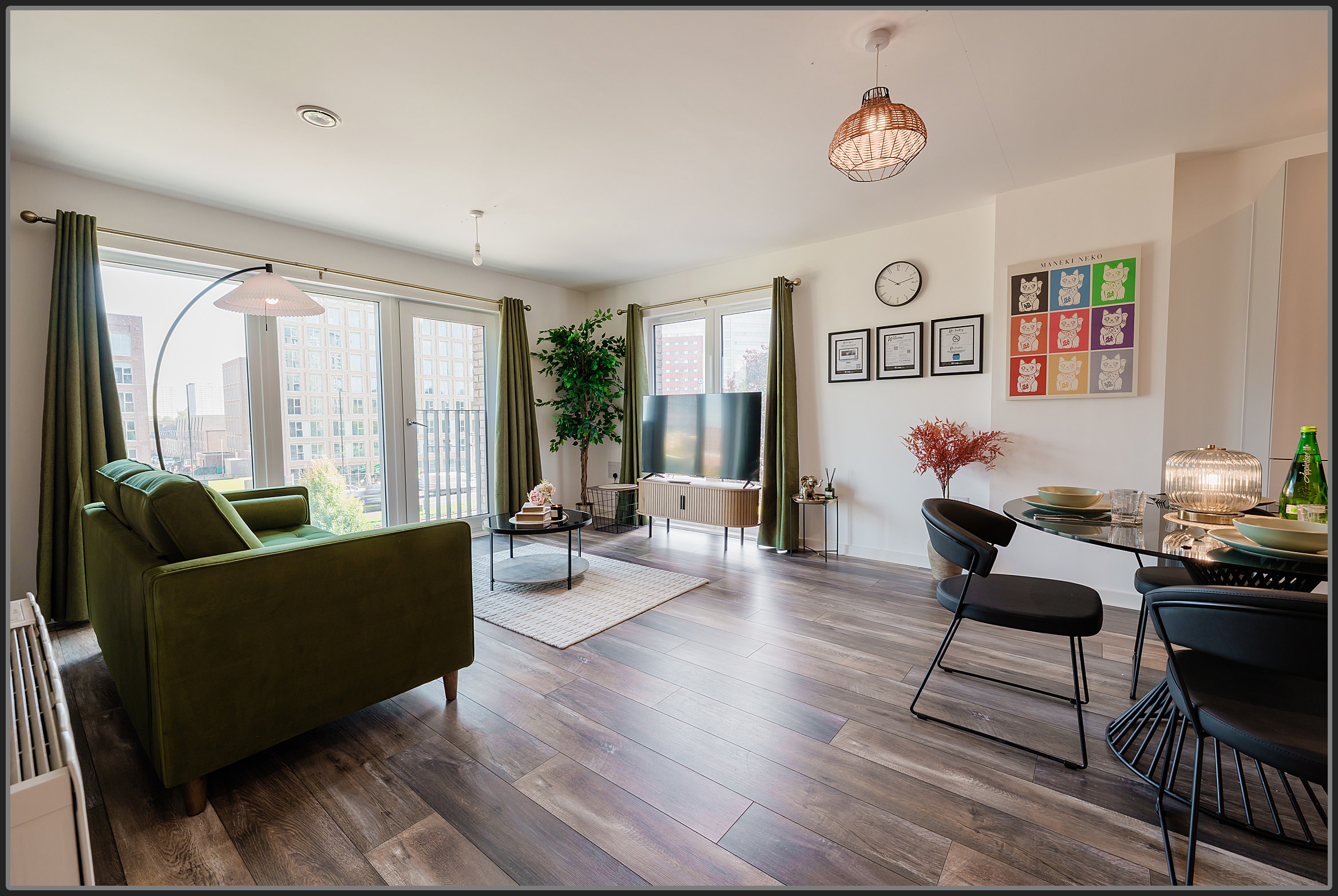 Stylish serviced apartment lounge in Solihull with open-plan layout