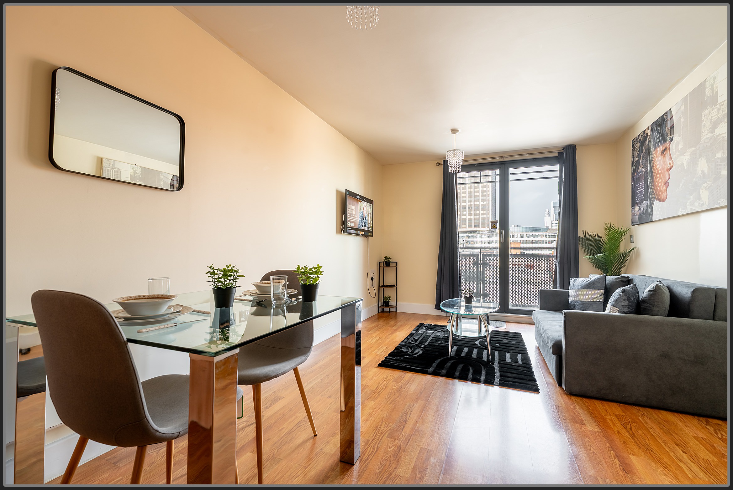 Modern Airbnb living room in Birmingham with natural light and neutral styling