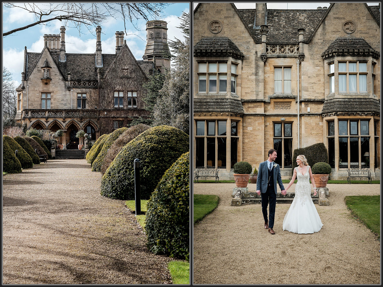 Bride and groom walking through the grounds at Fawsley Hall Hotel