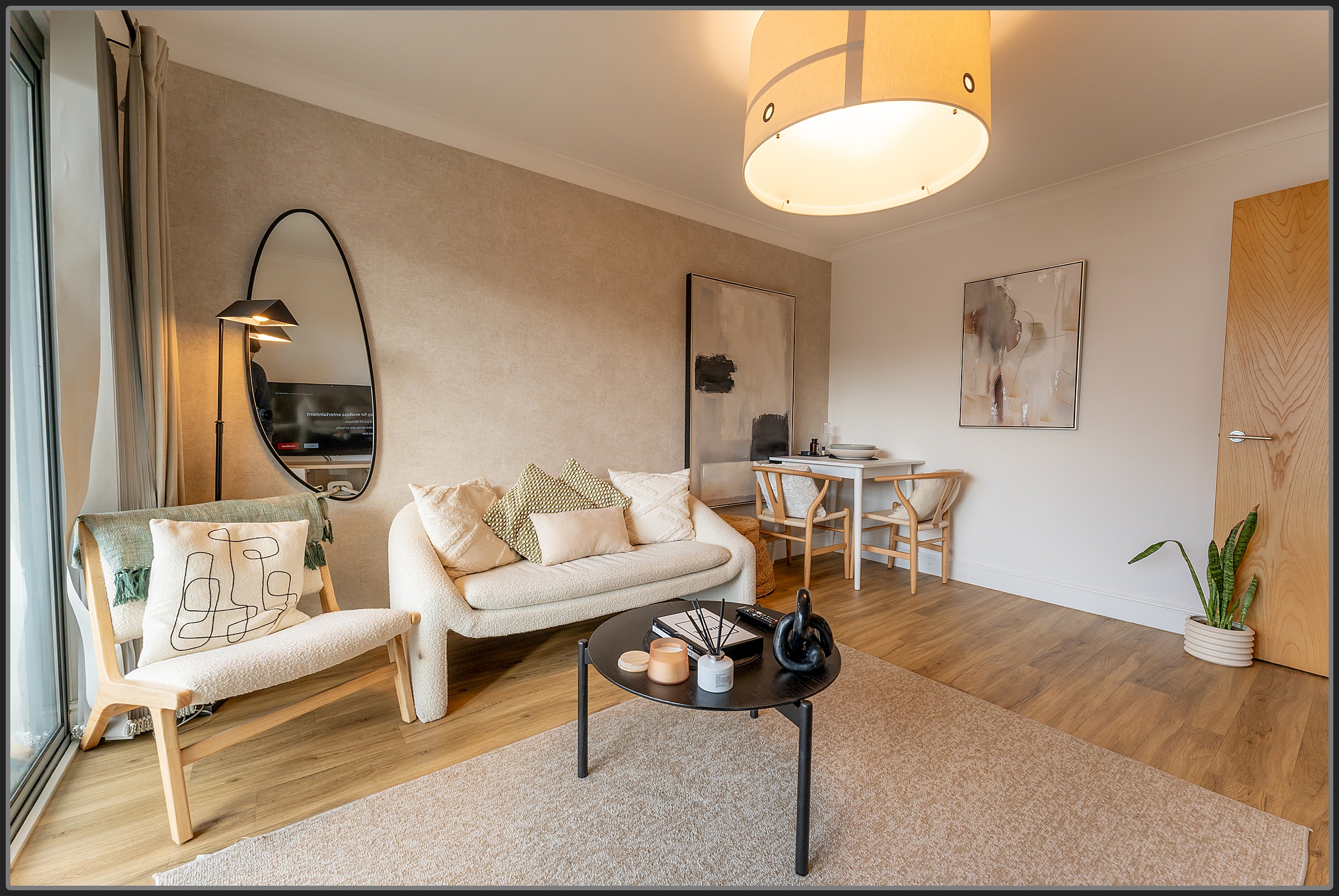 Stylish serviced apartment lounge in Solihull with open-plan layout